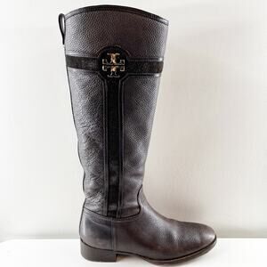 Tory Burch Alaina Pebbled Leather Tall Riding Boots Black Dark Brown 10